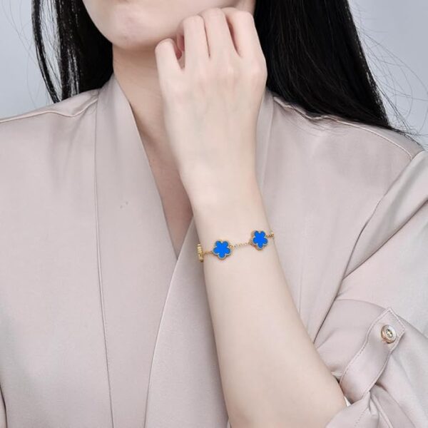 Blue Clover Charm Bracelet – 18K Gold Plated Stainless Steel Adjustable Chain - Image 2