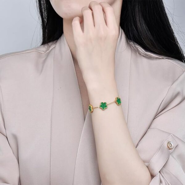 Anti Tarnish Stainless Steel Gold Green 4 leaf Bracelet - Image 5