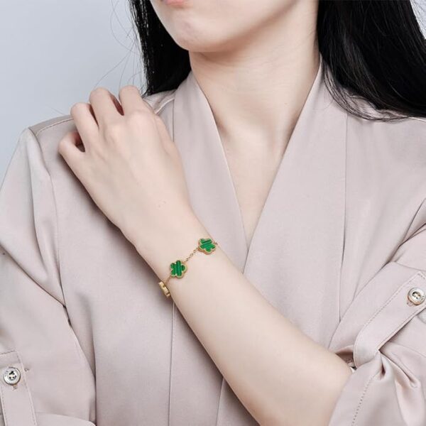 Anti Tarnish Stainless Steel Gold Green 4 leaf Bracelet - Image 6