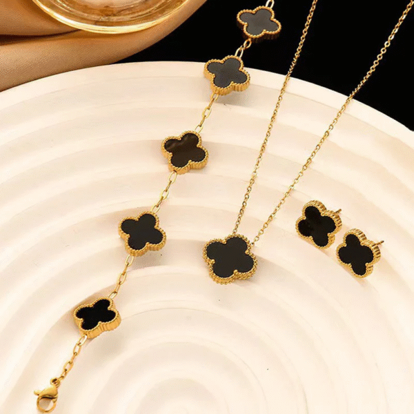 Black Clover Luxe Jewelry Set – Earrings, Pendant & Bracelet - Image 2