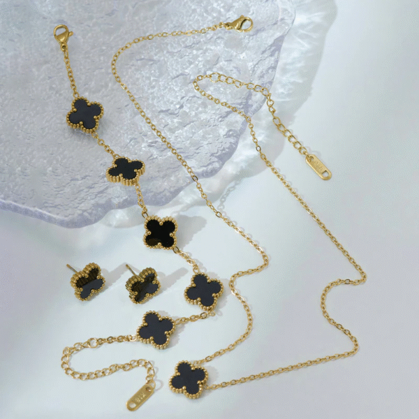 Black Clover Luxe Jewelry Set – Earrings, Pendant & Bracelet - Image 4