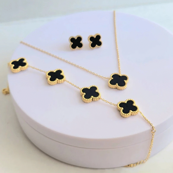 Black Clover Luxe Jewelry Set – Earrings, Pendant & Bracelet - Image 3