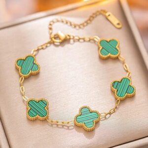Anti Tarnish Stainless Steel Gold Green 4 leaf Bracelet