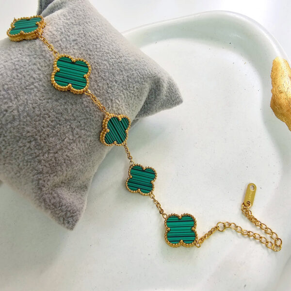Anti Tarnish Stainless Steel Gold Green 4 leaf Bracelet - Image 4