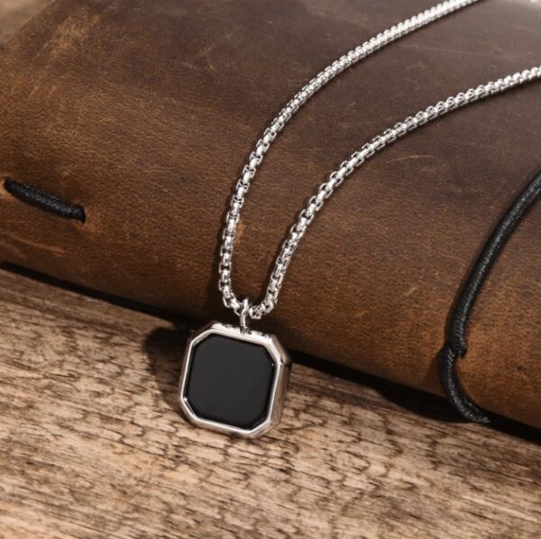 Midnight Stone Frame Pendant – Black Octagon Necklace for Men - Image 4