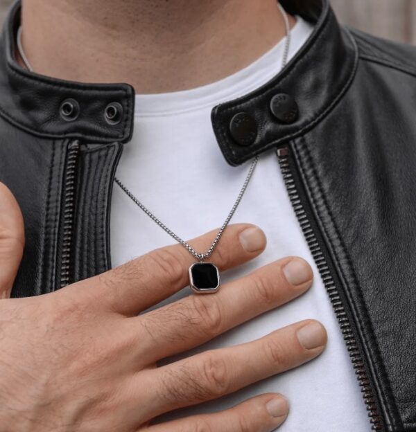 Midnight Stone Frame Pendant – Black Octagon Necklace for Men - Image 6