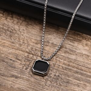 Midnight Stone Frame Pendant – Black Octagon Necklace for Men