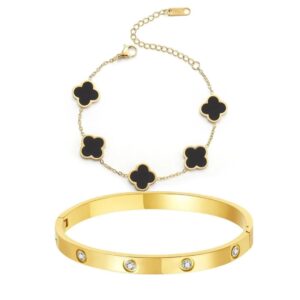 18K Gold Plated Stainless Steel Openable Crystal Bracelet & Clover Charm Bracelet Combo - Black