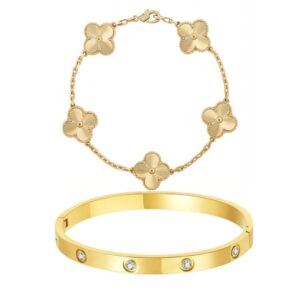 Golden Clover Bracelet for Women + 18K Gold Plated Stainless Steel Openable Crystal Bracelet (Combo Pack)