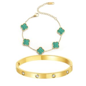 Green Clover Bracelet + 18K Gold Plated Stainless Steel Openable Crystal Bracelet (Combo Pack)