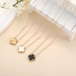 18K Gold Plated Clover Pendant Necklace Trio - Black, White, and Gold