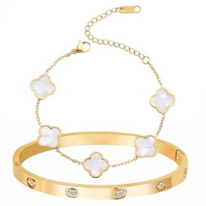 White Clover Bracelet & 18K Gold Plated Crystal Openable Bangle (Combo Set)